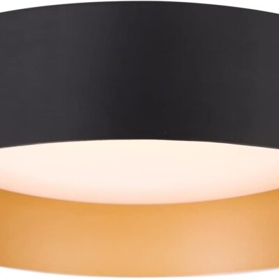 Flush mount ceiling light, matte black with gold interior, dimmable.