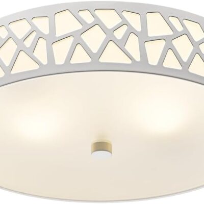 Flush mount ceiling light, 2-light, white metal, frosted glass.