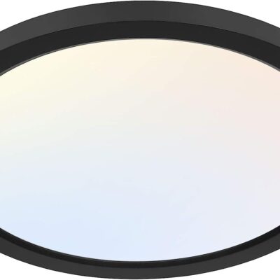 Round LED flat panel light, selectable color temps, edge-lit, black.