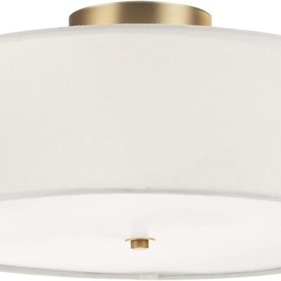 Flush mount ceiling light, matte brass, white linen shade, dimmable.