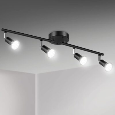 Track lighting, black, rotatable heads, includes LED bulbs.