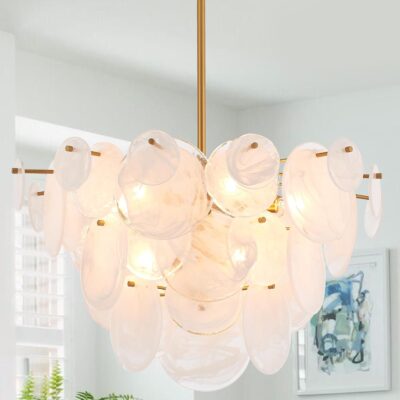 Glass chandelier, gold, 3-tier, vintage.