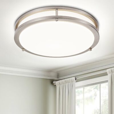 Flush mount LED ceiling light, dimmable, brushed nickel.