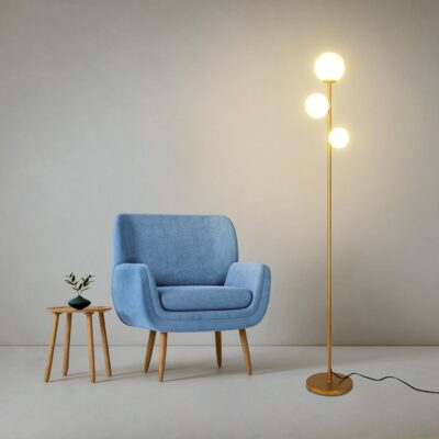 Double-lamp medieval floor lamp with white fabric shade.