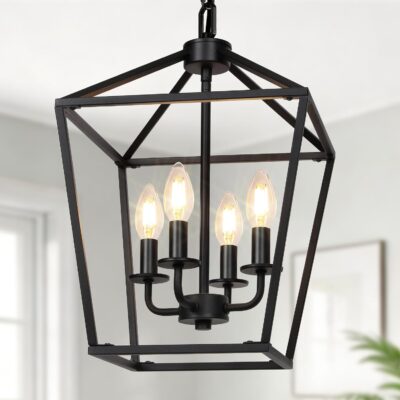 Chandelier, black, 4-light, lantern, industrial.