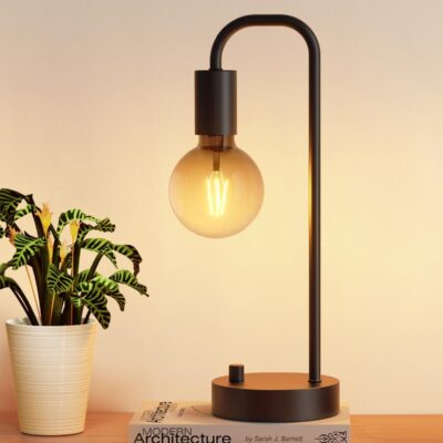 Industrial style table lamp, dimmable, includes bulb.