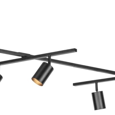 Track lighting, matte black, swivel bar, adjustable heads, dimmable.