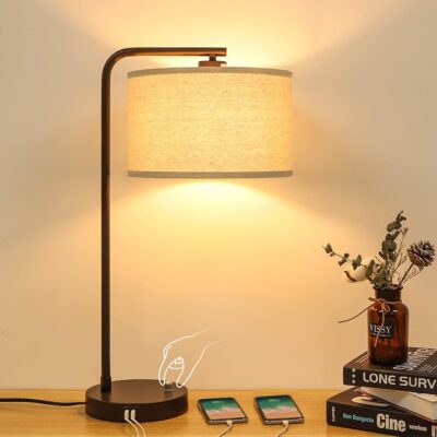 Dimmable side table lamp with dual USB.