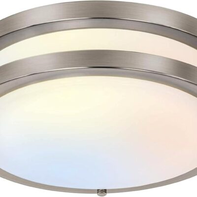 Flush mount LED ceiling light, adjustable color temps, brushed nickel, dimmable.