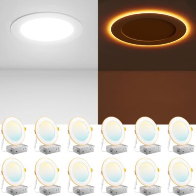 LED recessed ceiling light with night light, selectable color temps, dimmable, ultra-thin.