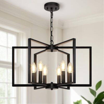 Chandelier, black, 6-light, geometric, farmhouse.