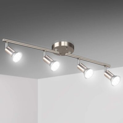 Track lighting, matt nickel, rotatable heads, includes LED bulbs.