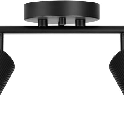 Track lighting spotlight, matte black, ribbed shades, adjustable heads.