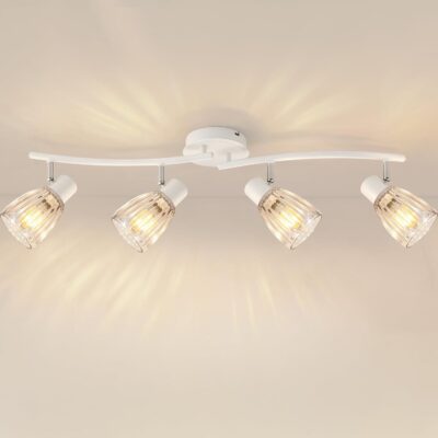 Track lighting, white, adjustable with glass shades, bulbs not included.