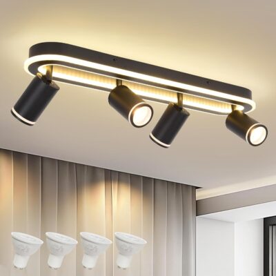 LED track lighting spotlight, black, rotatable heads, includes bulbs.