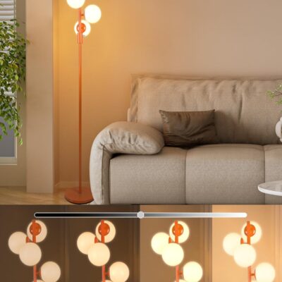 Fully dimmable curved floor lamp in gold finish.