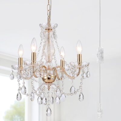 Plug in crystal chandelier, gold, 4 lights.