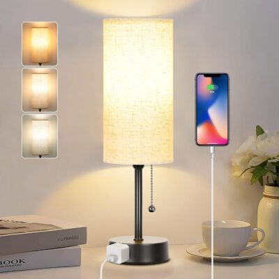 Tri-color bedside table lamp with zipper switch.
