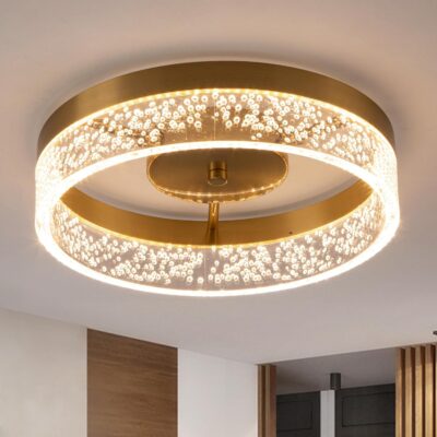LED ceiling light, gold flush mount, seeded acrylic shade, dimmable.