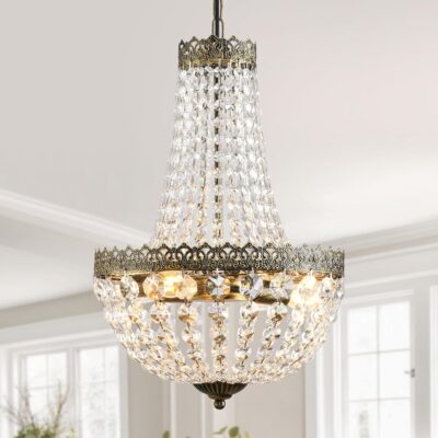 Crystal chandelier, antique brass, 4 lights.
