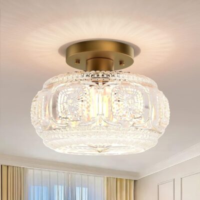 Semi flush mount ceiling light, globe glass, gold.