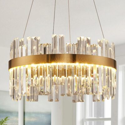 LED crystal chandelier, gold, dimmable with remote.