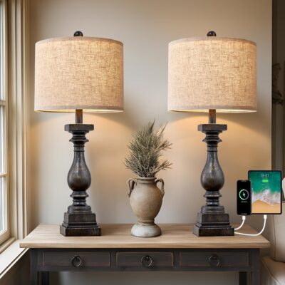 Country style table lamp with USB A+C, 2-pack.