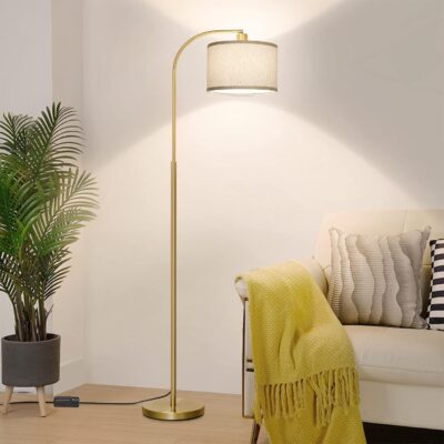 Arched floor lamp with stepped dimmer and marble base.