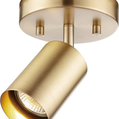 Track spotlight, matte brass, pivoting head, dimmable.