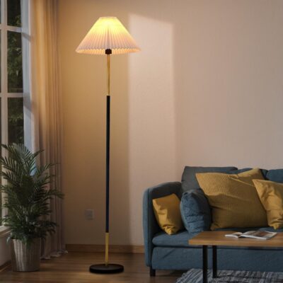Dimmable curved floor lamp, industrial design with glass shade.