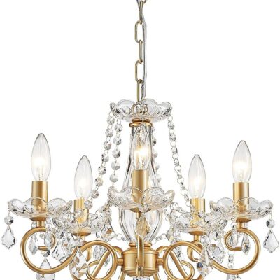 Mini crystal chandelier, gold, 5 lights.