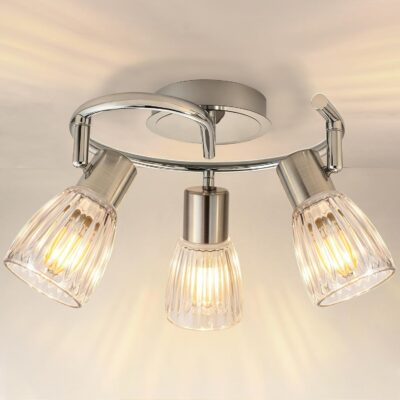 Ceiling track lighting, chrome with glass shades, flush mount, bulbs not included.