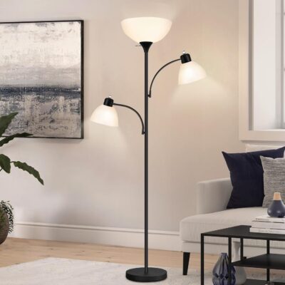 Dimmable spherical floor lamp with orange retro lamp post.