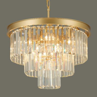 Crystal chandelier, gold, 9 lights, 3-tier.