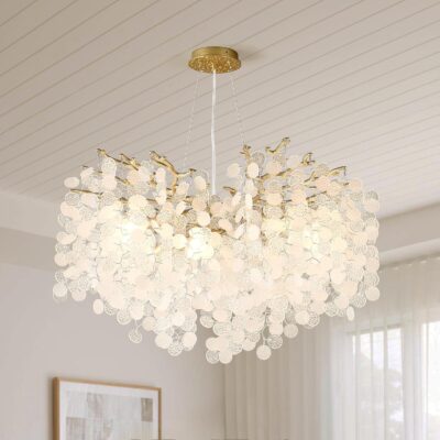 Capiz shell chandelier, gold, 8-light, coastal.