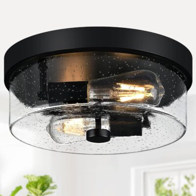 Flush mount ceiling light, 2-light, seeded glass, farmhouse style.