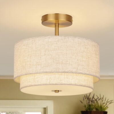 Semi flush mount ceiling light, gold, 2-layer linen shade.