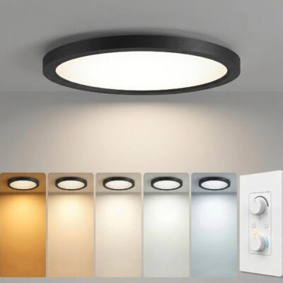 LED flush mount ceiling light, dimmable, black, round flat panel.