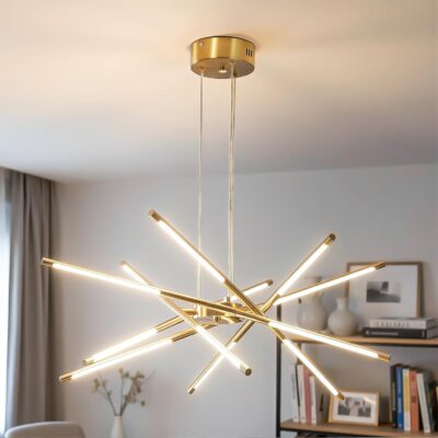 Gold chandelier, 12-light, LED, dimmable, linear.