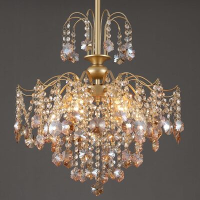 Gold crystal chandelier, amber, 6 lights.