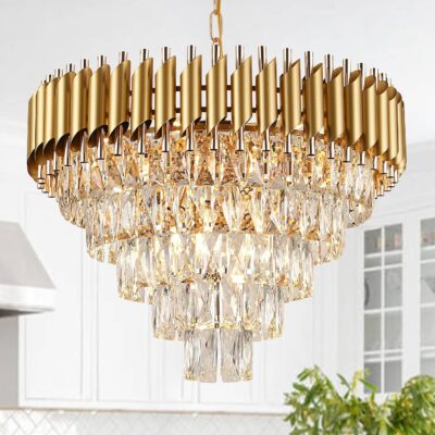 Crystal chandelier, gold, 5-tier, raindrop.