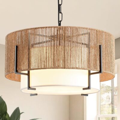Rattan chandelier, 4-light, boho with fabric shade.