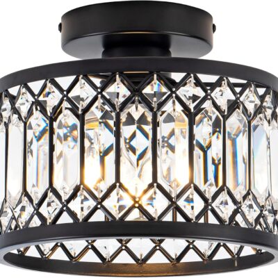 Crystal ceiling light, semi flush mount, black.