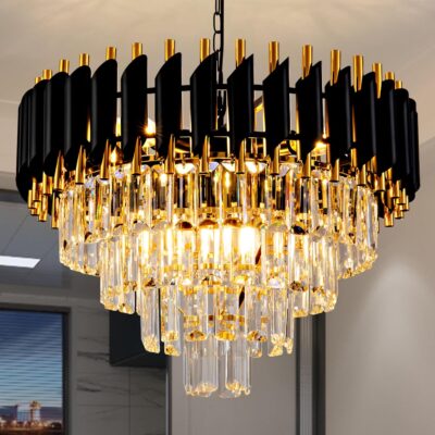 Crystal chandelier, gold and black, 4-tier, 7 lights.