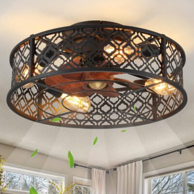 Flush mount ceiling fan with light, caged design, remote, low profile.