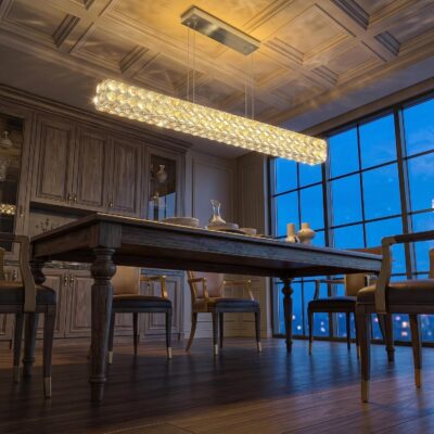 Crystal chandelier, silver, dimmable with remote, 47-inch.