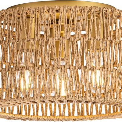 Rattan ceiling light, 3-light, boho woven style.